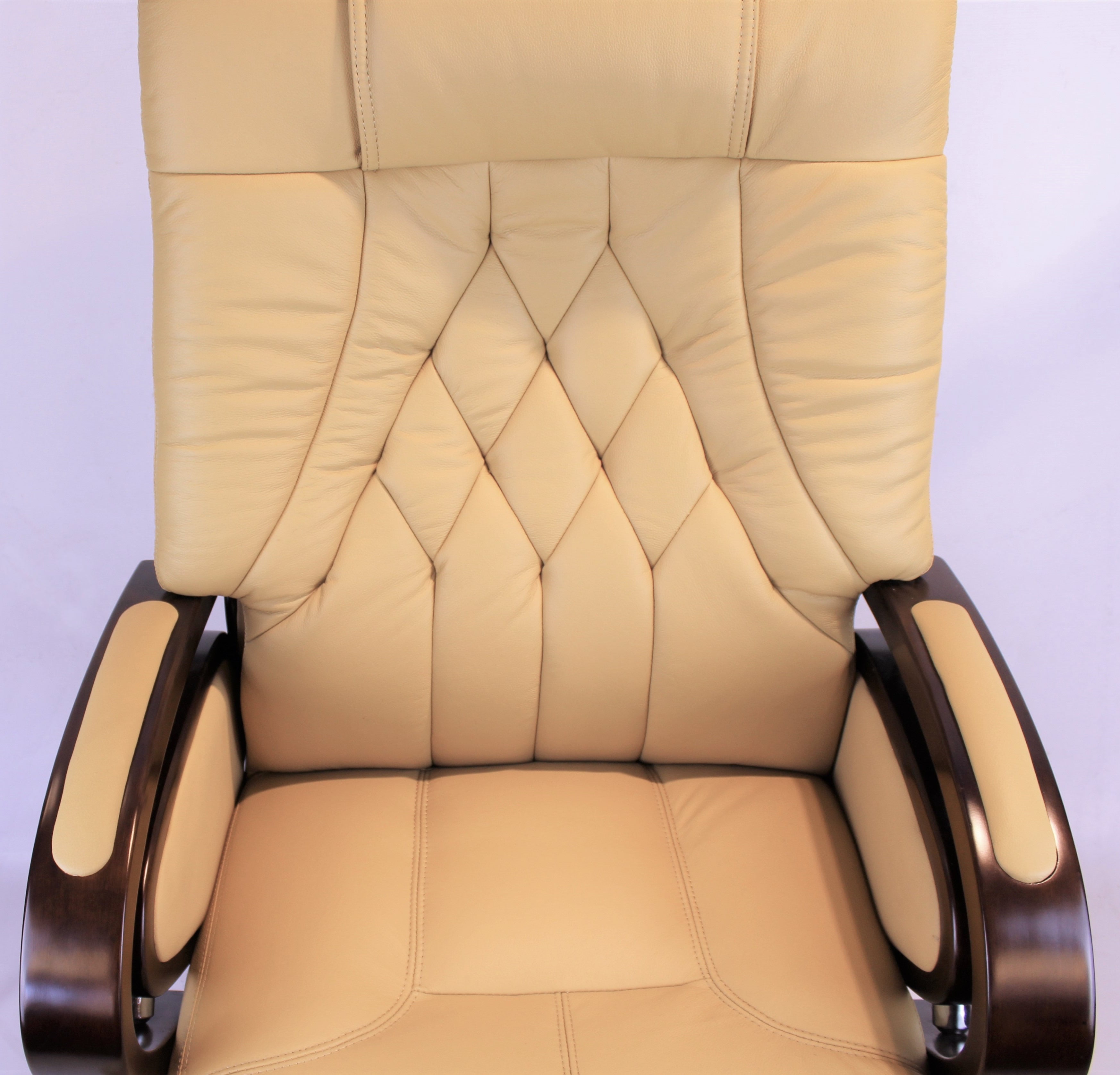 Genuine Leather Beige Executive Office Chair with Wooden Arms - A616